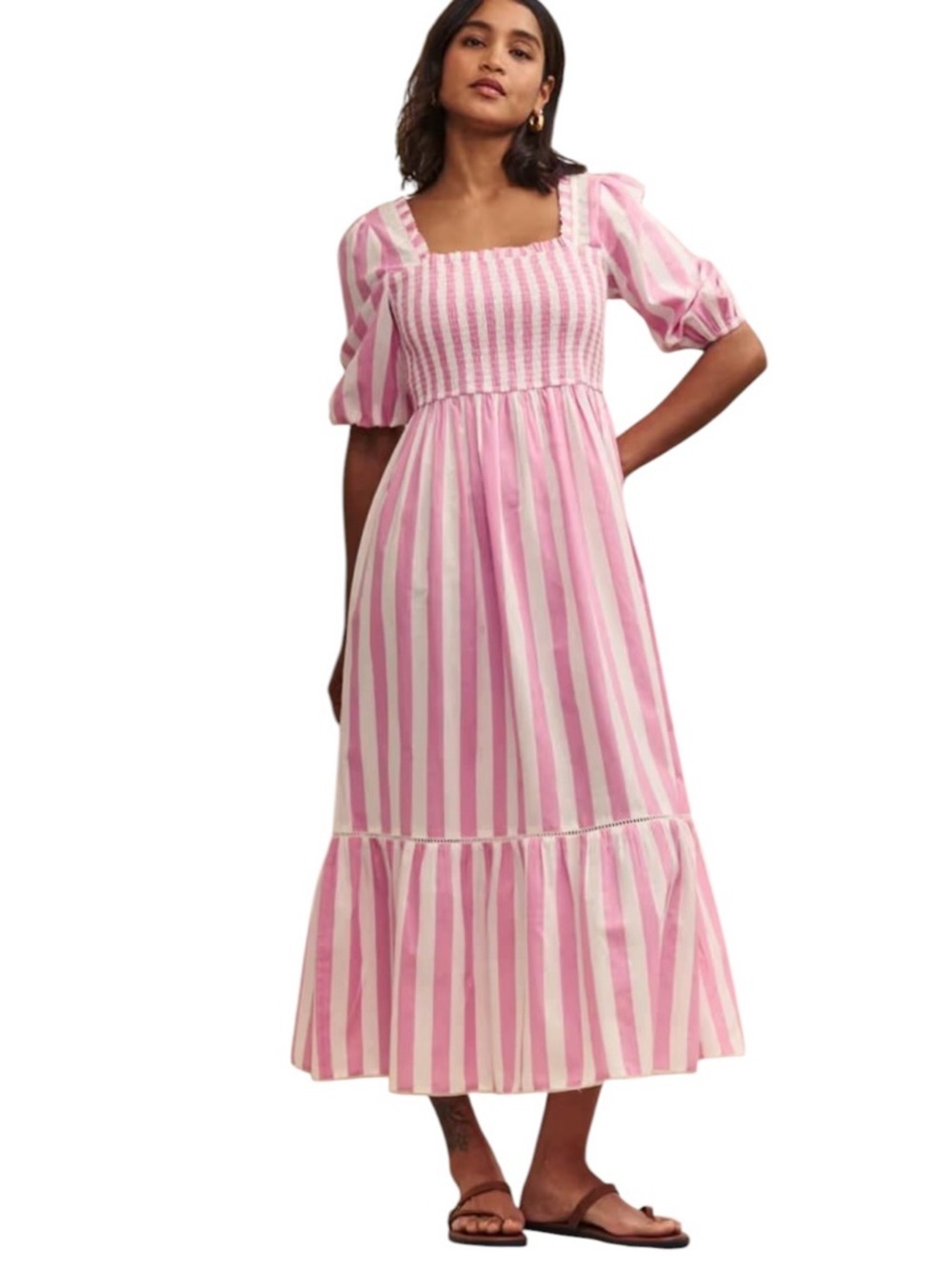 Nobody's Child Pink Stripe Elsa Midaxi Dress Linen Blend Size 12 NWOT